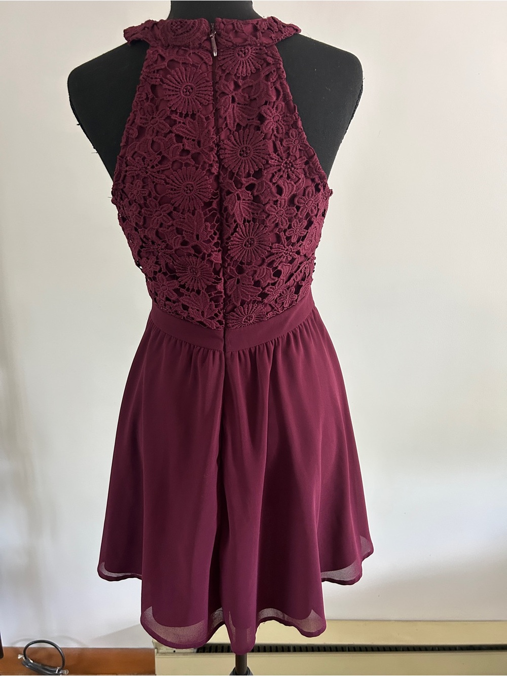 Lulu's Wine Burgundy Lace Halter Mini Dress - Picture 2 of 4